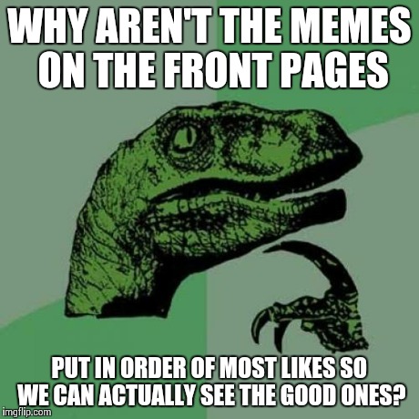Philosoraptor | WHY AREN'T THE MEMES ON THE FRONT PAGES PUT IN ORDER OF MOST LIKES SO WE CAN ACTUALLY SEE THE GOOD ONES? | image tagged in memes,philosoraptor | made w/ Imgflip meme maker