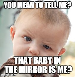 Skeptical Baby | YOU MEAN TO TELL ME? THAT BABY IN THE MIRROR IS ME? | image tagged in memes,skeptical baby | made w/ Imgflip meme maker
