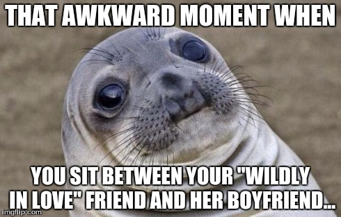 Awkward Moment Sealion | THAT AWKWARD MOMENT WHEN YOU SIT BETWEEN YOUR "WILDLY IN LOVE" FRIEND AND HER BOYFRIEND... | image tagged in memes,awkward moment sealion | made w/ Imgflip meme maker