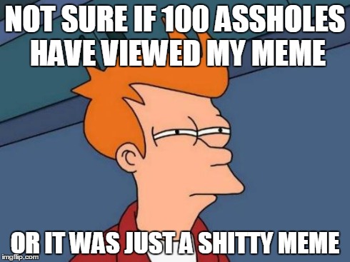 Futurama Fry | NOT SURE IF 100 ASSHOLES HAVE VIEWED MY MEME OR IT WAS JUST A SHITTY MEME | image tagged in memes,futurama fry | made w/ Imgflip meme maker