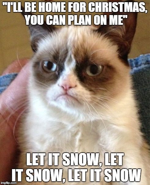 Grumpy Cat | "I'LL BE HOME FOR CHRISTMAS, YOU CAN PLAN ON ME" LET IT SNOW, LET IT SNOW, LET IT SNOW | image tagged in memes,grumpy cat | made w/ Imgflip meme maker