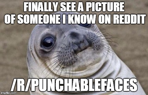 Awkward Moment Sealion | FINALLY SEE A PICTURE OF SOMEONE I KNOW ON REDDIT /R/PUNCHABLEFACES | image tagged in memes,awkward moment sealion,AdviceAnimals | made w/ Imgflip meme maker