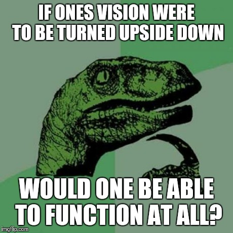 Philosoraptor | IF ONES VISION WERE TO BE TURNED UPSIDE DOWN WOULD ONE BE ABLE TO FUNCTION AT ALL? | image tagged in memes,philosoraptor | made w/ Imgflip meme maker