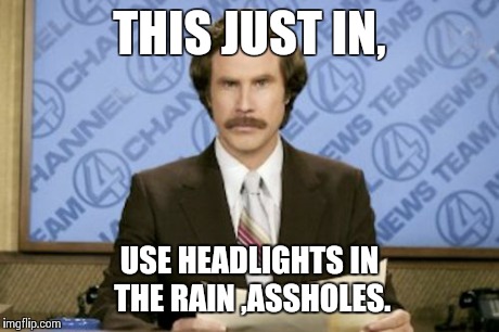 Ron Burgundy | THIS JUST IN, USE HEADLIGHTS IN THE RAIN ,ASSHOLES. | image tagged in memes,ron burgundy | made w/ Imgflip meme maker