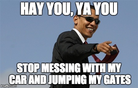 Cool Obama Meme | HAY YOU, YA YOU STOP MESSING WITH MY CAR AND JUMPING MY GATES | image tagged in memes,cool obama | made w/ Imgflip meme maker