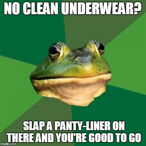 Foul Bachelor Frog | NO CLEAN UNDERWEAR? SLAP A PANTY-LINER ON THERE AND YOU'RE GOOD TO GO | image tagged in memes,foul bachelor frog,AdviceAnimals | made w/ Imgflip meme maker