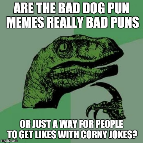 Philosoraptor | ARE THE BAD DOG PUN MEMES REALLY BAD PUNS OR JUST A WAY FOR PEOPLE TO GET LIKES WITH CORNY JOKES? | image tagged in memes,philosoraptor | made w/ Imgflip meme maker
