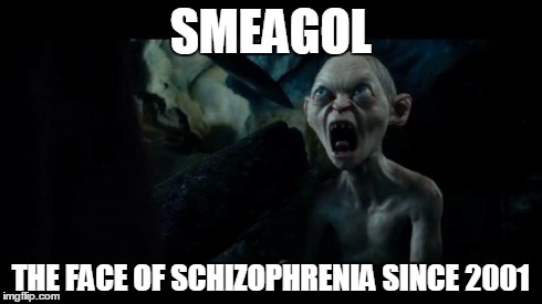We hates it forever | SMEAGOL THE FACE OF SCHIZOPHRENIA SINCE 2001 | image tagged in we hates it forever | made w/ Imgflip meme maker