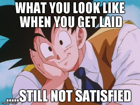 Condescending Goku | WHAT YOU LOOK LIKE WHEN YOU GET LAID .....STILL NOT SATISFIED | image tagged in memes,condescending goku | made w/ Imgflip meme maker