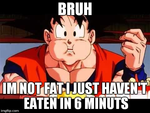 Goku food | BRUH IM NOT FAT I JUST HAVEN'T EATEN IN 6 MINUTS | image tagged in goku food | made w/ Imgflip meme maker
