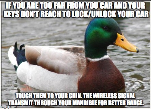 Actual Advice Mallard | IF YOU ARE TOO FAR FROM YOU CAR AND YOUR KEYS DON'T REACH TO LOCK/UNLOCK YOUR CAR TOUCH THEM TO YOUR CHIN. THE WIRELESS SIGNAL TRANSMIT THRO | image tagged in memes,actual advice mallard | made w/ Imgflip meme maker