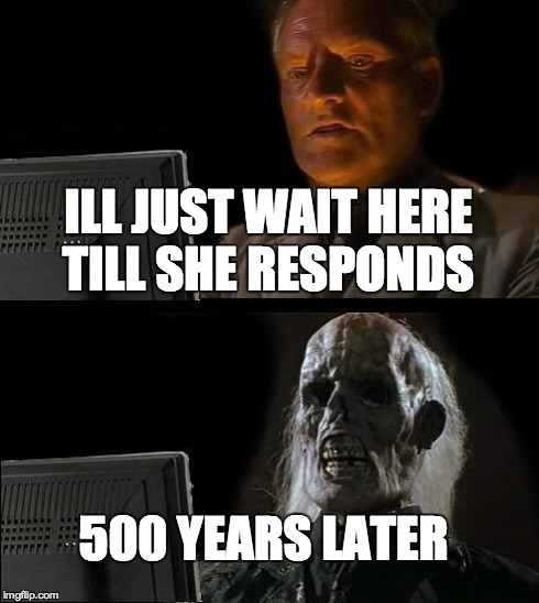 I'll Just Wait Here Meme | ILL JUST WAIT HERE TILL SHE RESPONDS 500 YEARS LATER | image tagged in memes,ill just wait here | made w/ Imgflip meme maker