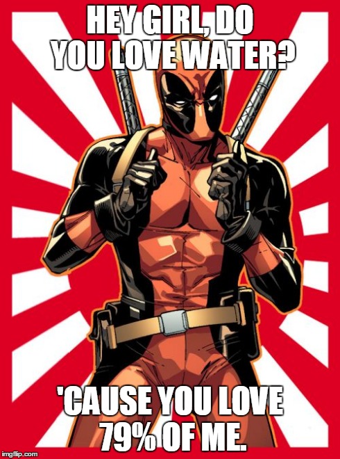 Deadpool Pick Up Lines Meme | HEY GIRL, DO YOU LOVE WATER? 'CAUSE YOU LOVE 79% OF ME. | image tagged in memes,deadpool pick up lines | made w/ Imgflip meme maker
