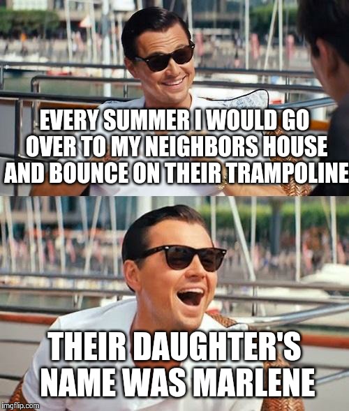 Trampoline sounds like Tramp Marlene... If you know what I mean... | EVERY SUMMER I WOULD GO OVER TO MY NEIGHBORS HOUSE AND BOUNCE ON THEIR TRAMPOLINE THEIR DAUGHTER'S NAME WAS MARLENE | image tagged in memes,leonardo dicaprio wolf of wall street | made w/ Imgflip meme maker