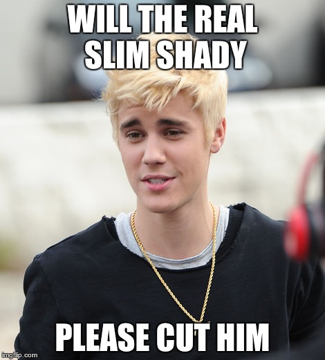 PLEASE | WILL THE REAL SLIM SHADY PLEASE CUT HIM | image tagged in justin beiber,eminem,hurt | made w/ Imgflip meme maker