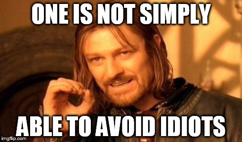 One Does Not Simply Meme | ONE IS NOT SIMPLY ABLE TO AVOID IDIOTS | image tagged in memes,one does not simply | made w/ Imgflip meme maker