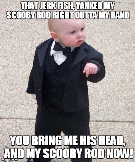 Godfather Baby | THAT JERK FISH, YANKED MY SCOOBY ROD RIGHT OUTTA MY HAND YOU BRING ME HIS HEAD, AND MY SCOOBY ROD NOW! | image tagged in godfather baby | made w/ Imgflip meme maker