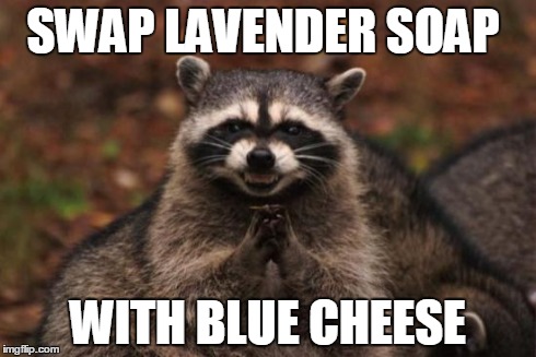 Evil racoon | SWAP LAVENDER SOAP WITH BLUE CHEESE | image tagged in evil racoon | made w/ Imgflip meme maker