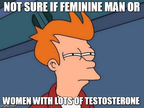 Futurama Fry Meme | NOT SURE IF FEMININE MAN OR WOMEN WITH LOTS OF TESTOSTERONE | image tagged in memes,futurama fry | made w/ Imgflip meme maker
