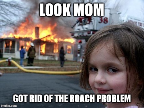 Disaster Girl Meme | LOOK MOM GOT RID OF THE ROACH PROBLEM | image tagged in memes,disaster girl | made w/ Imgflip meme maker