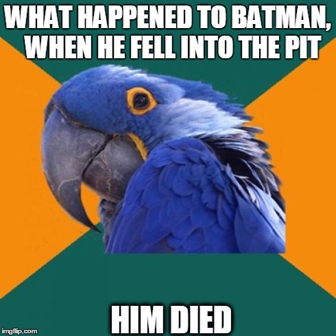 Paranoid Parrot | WHAT HAPPENED TO BATMAN,  WHEN HE FELL INTO THE PIT HIM DIED | image tagged in memes,paranoid parrot | made w/ Imgflip meme maker