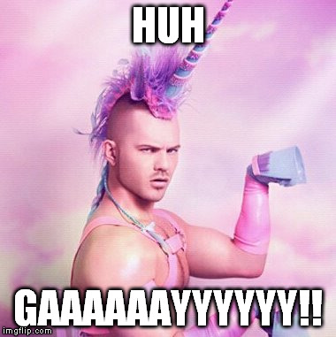 Unicorn MAN | HUH GAAAAAAYYYYYY!! | image tagged in memes,unicorn man | made w/ Imgflip meme maker