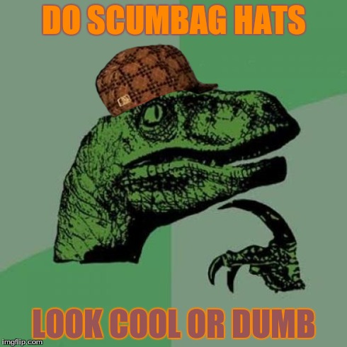 Scumbag Hats: Cool or Dumb? | DO SCUMBAG HATS LOOK COOL OR DUMB | image tagged in memes,philosoraptor,scumbag,question,think | made w/ Imgflip meme maker