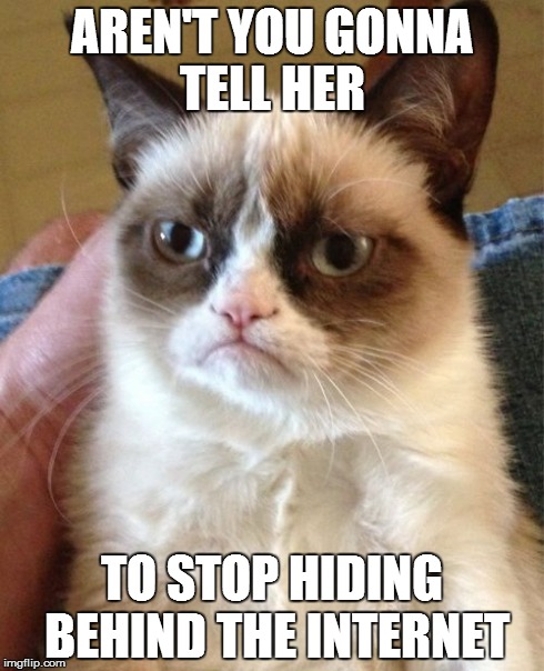 Grumpy Cat | AREN'T YOU GONNA TELL HER TO STOP HIDING BEHIND THE INTERNET | image tagged in memes,grumpy cat | made w/ Imgflip meme maker