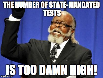 As a high school student, I think the number of tests we receive is too high. Can they not rely on our grades? | THE NUMBER OF STATE-MANDATED TESTS IS TOO DAMN HIGH! | image tagged in memes,too damn high | made w/ Imgflip meme maker