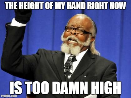Too damn hitgh | THE HEIGHT OF MY HAND RIGHT NOW IS TOO DAMN HIGH | image tagged in memes,too damn high | made w/ Imgflip meme maker