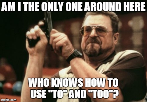 Am I The Only One Around Here Meme | AM I THE ONLY ONE AROUND HERE WHO KNOWS HOW TO USE "TO" AND "TOO"? | image tagged in memes,am i the only one around here | made w/ Imgflip meme maker