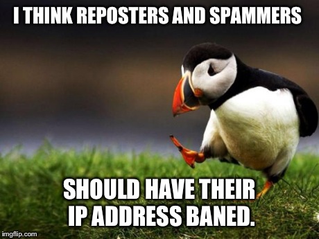 You can't say it wouldn't be effective. | I THINK REPOSTERS AND SPAMMERS SHOULD HAVE THEIR IP ADDRESS BANED. | image tagged in memes,unpopular opinion puffin | made w/ Imgflip meme maker