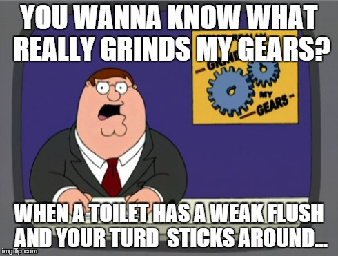 My tween always craps a bowling ball that gets stuck and stinks up the whole house. | YOU WANNA KNOW WHAT REALLY GRINDS MY GEARS? WHEN A TOILET HAS A WEAK FLUSH AND YOUR TURD  STICKS AROUND... | image tagged in memes,peter griffin news,poop | made w/ Imgflip meme maker