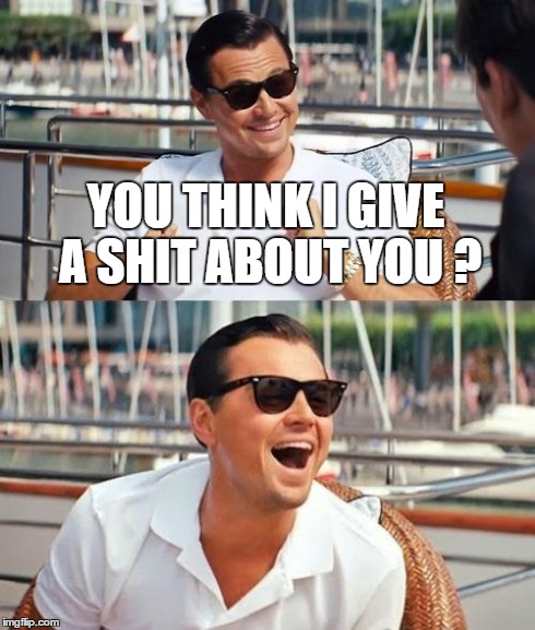 Leonardo Dicaprio Wolf Of Wall Street Meme | YOU THINK I GIVE A SHIT ABOUT YOU ? | image tagged in memes,leonardo dicaprio wolf of wall street | made w/ Imgflip meme maker