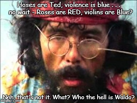 Drugs is bad, I think | Hoses are Ted, violence is blue . . .  no wait - Roses are RED, violins are Blue? Nah, that's not it. What? Who the hell is Waldo? | image tagged in chong | made w/ Imgflip meme maker