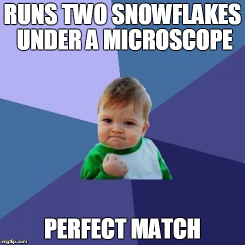 Success Kid | RUNS TWO SNOWFLAKES UNDER A MICROSCOPE PERFECT MATCH | image tagged in memes,success kid | made w/ Imgflip meme maker
