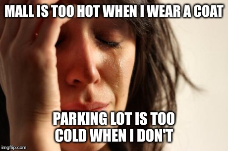 First World Problems Meme | MALL IS TOO HOT WHEN I WEAR A COAT PARKING LOT IS TOO COLD WHEN I DON'T | image tagged in memes,first world problems | made w/ Imgflip meme maker
