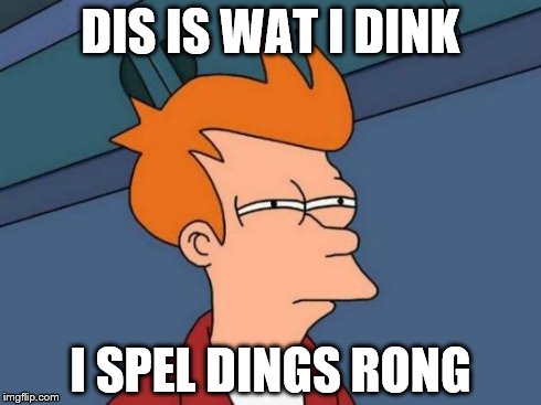 DIS IS WAT I DINK I SPEL DINGS RONG | image tagged in memes,futurama fry | made w/ Imgflip meme maker