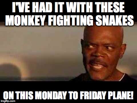 Snakes on a plane | I'VE HAD IT WITH THESE MONKEY FIGHTING SNAKES ON THIS MONDAY TO FRIDAY PLANE! | image tagged in snakes on a plane,AdviceAnimals | made w/ Imgflip meme maker