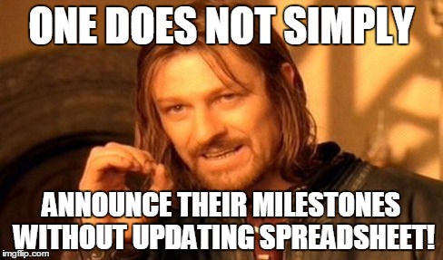 One Does Not Simply Meme | ONE DOES NOT SIMPLY ANNOUNCE THEIR MILESTONES WITHOUT UPDATING SPREADSHEET! | image tagged in memes,one does not simply | made w/ Imgflip meme maker