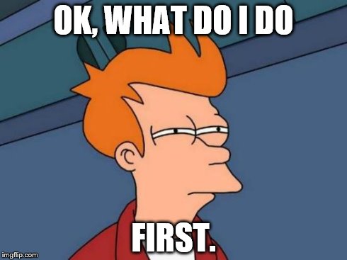 OK, WHAT DO I DO FIRST. | image tagged in memes,futurama fry | made w/ Imgflip meme maker