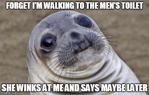 Awkward Moment Sealion | FORGET I'M WALKING TO THE MEN'S TOILET SHE WINKS AT ME AND SAYS MAYBE LATER | image tagged in memes,awkward moment sealion,AdviceAnimals | made w/ Imgflip meme maker