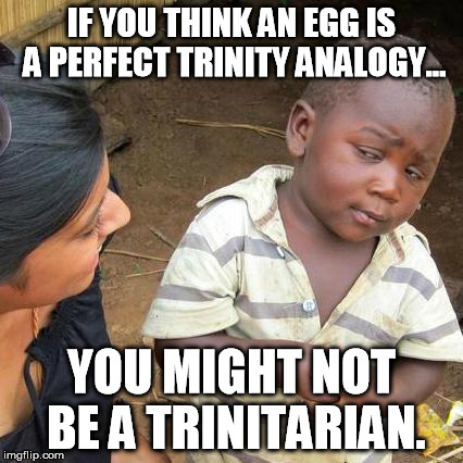 Third World Skeptical Kid | IF YOU THINK AN EGG IS A PERFECT TRINITY ANALOGY... YOU MIGHT NOT BE A TRINITARIAN. | image tagged in memes,third world skeptical kid | made w/ Imgflip meme maker