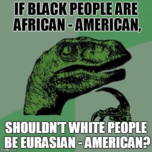 Philosoraptor Meme | IF BLACK PEOPLE ARE AFRICAN - AMERICAN, SHOULDN'T WHITE PEOPLE BE EURASIAN - AMERICAN? | image tagged in memes,philosoraptor | made w/ Imgflip meme maker