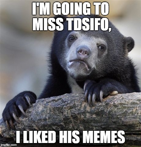 tdsifo no longer on imgflip... | I'M GOING TO MISS TDSIFO, I LIKED HIS MEMES | image tagged in memes,confession bear | made w/ Imgflip meme maker