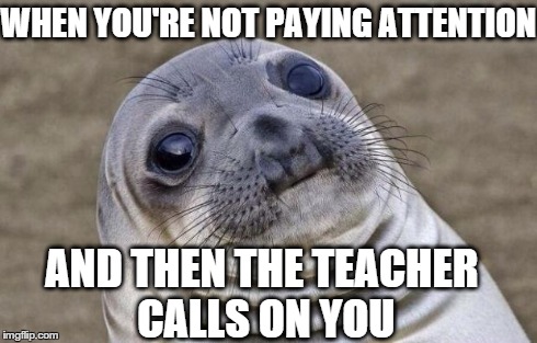 Awkward Moment Sealion Meme | WHEN YOU'RE NOT PAYING ATTENTION AND THEN THE TEACHER CALLS ON YOU | image tagged in memes,awkward moment sealion | made w/ Imgflip meme maker