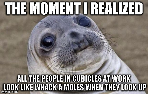 Awkward Moment Sealion | THE MOMENT I REALIZED ALL THE PEOPLE IN CUBICLES AT WORK LOOK LIKE WHACK A MOLES WHEN THEY LOOK UP | image tagged in memes,awkward moment sealion | made w/ Imgflip meme maker