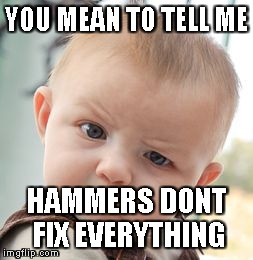 Skeptical Baby Meme | YOU MEAN TO TELL ME HAMMERS DONT FIX EVERYTHING | image tagged in memes,skeptical baby | made w/ Imgflip meme maker