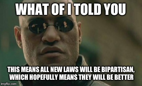Matrix Morpheus Meme | WHAT OF I TOLD YOU THIS MEANS ALL NEW LAWS WILL BE BIPARTISAN, WHICH HOPEFULLY MEANS THEY WILL BE BETTER | image tagged in memes,matrix morpheus | made w/ Imgflip meme maker