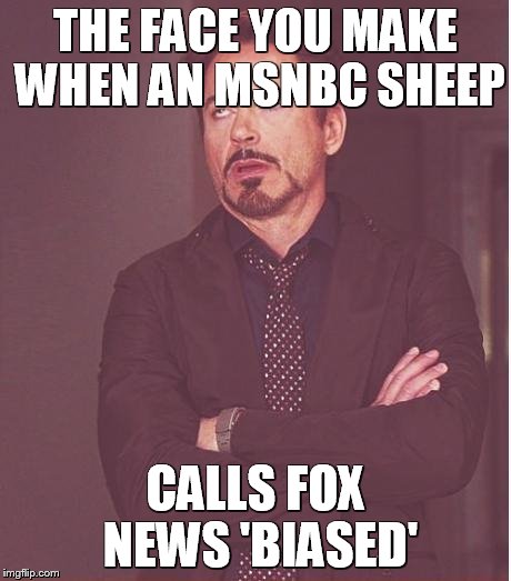 Face You Make Robert Downey Jr Meme | THE FACE YOU MAKE WHEN AN MSNBC SHEEP CALLS FOX NEWS 'BIASED' | image tagged in memes,face you make robert downey jr | made w/ Imgflip meme maker